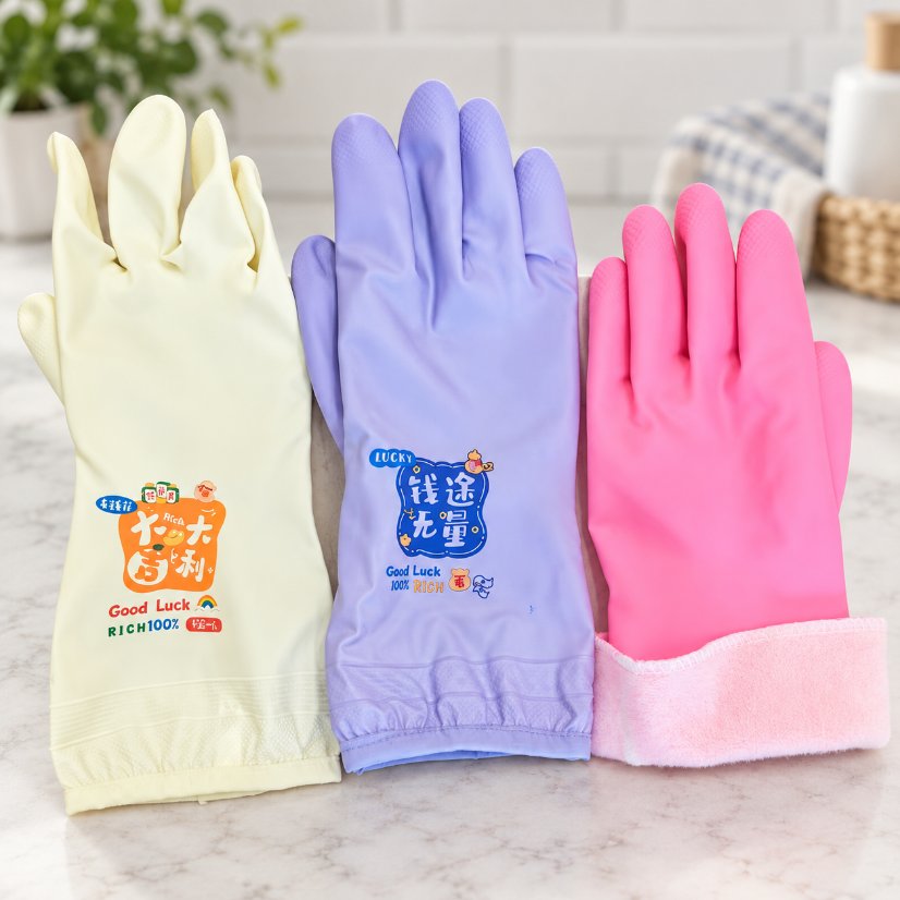 Short flocked gloves Short-Style PVC Flock-Lined Bound-Edge Gloves